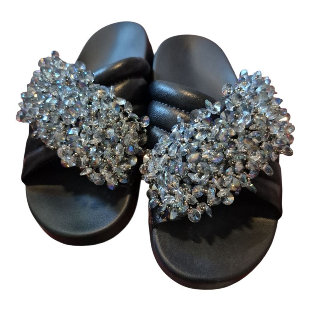 Tory Burch Logan Embellished Beaded Slides Sz 6 Perfect Navy 46713